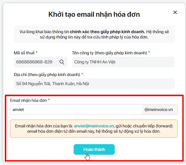 Khởi tạo email nhận hóa đơn phần mềm quản lý hóa đơn điện tử đầu vào MISA meInvoice