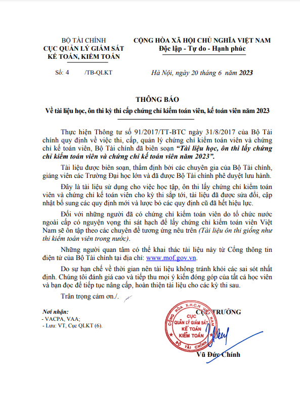 Thông báo tài liệu ôn thi chứng chỉ hành nghề Kế toán viên, Kiểm toán viên