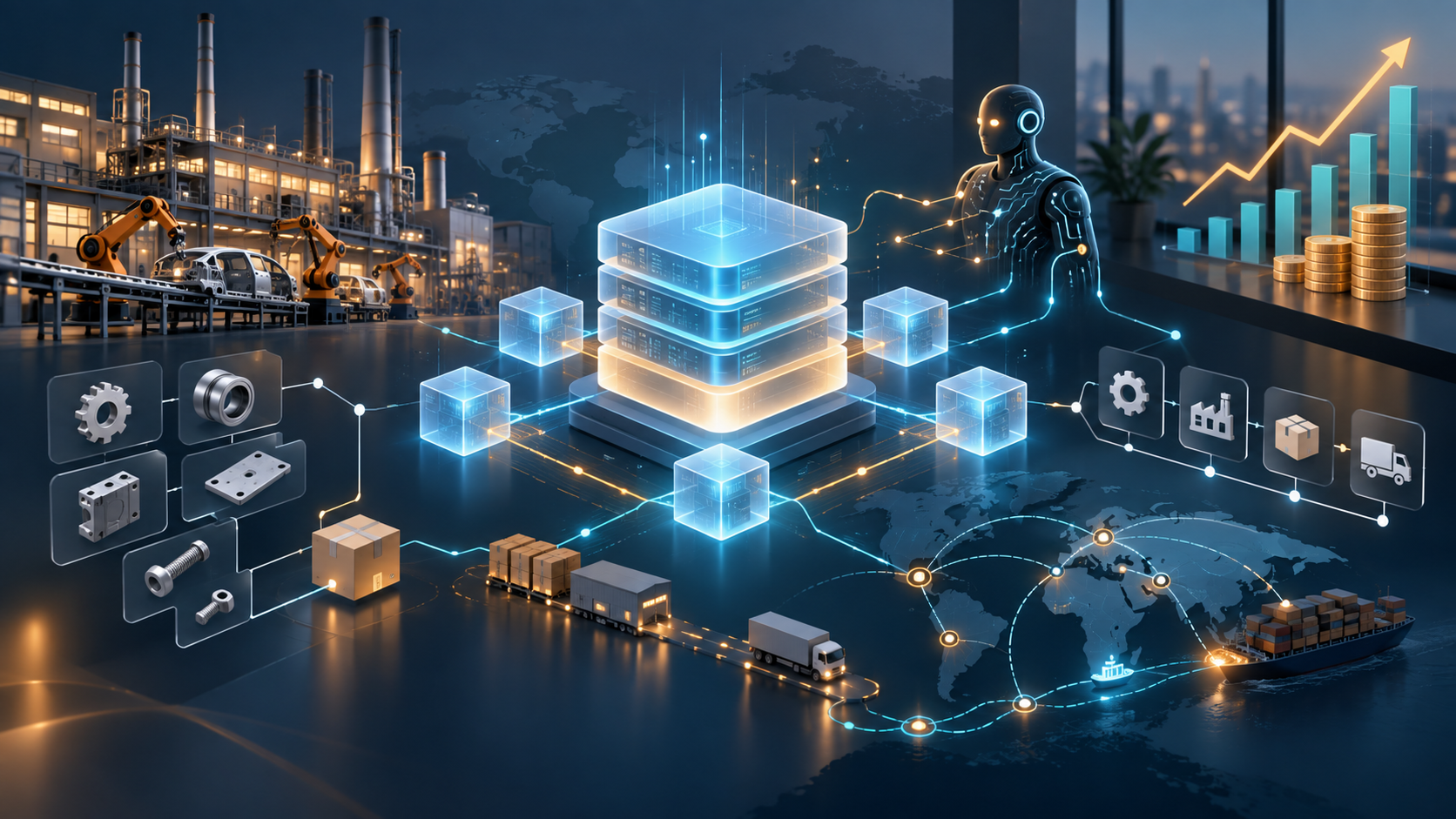 Minh họa nền dữ liệu Master Data cho doanh nghiệp sản xuất và AI Agent
