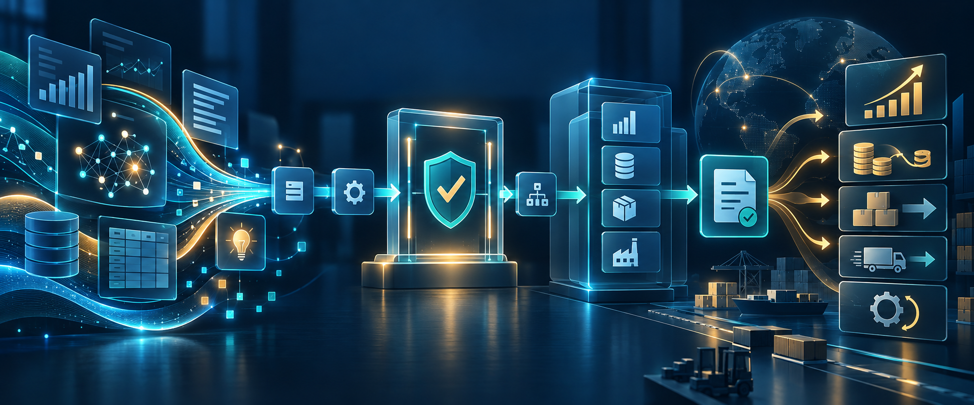 Minh họa luồng chuyển đổi từ insight AI qua workflow và phê duyệt đến transaction và outcome