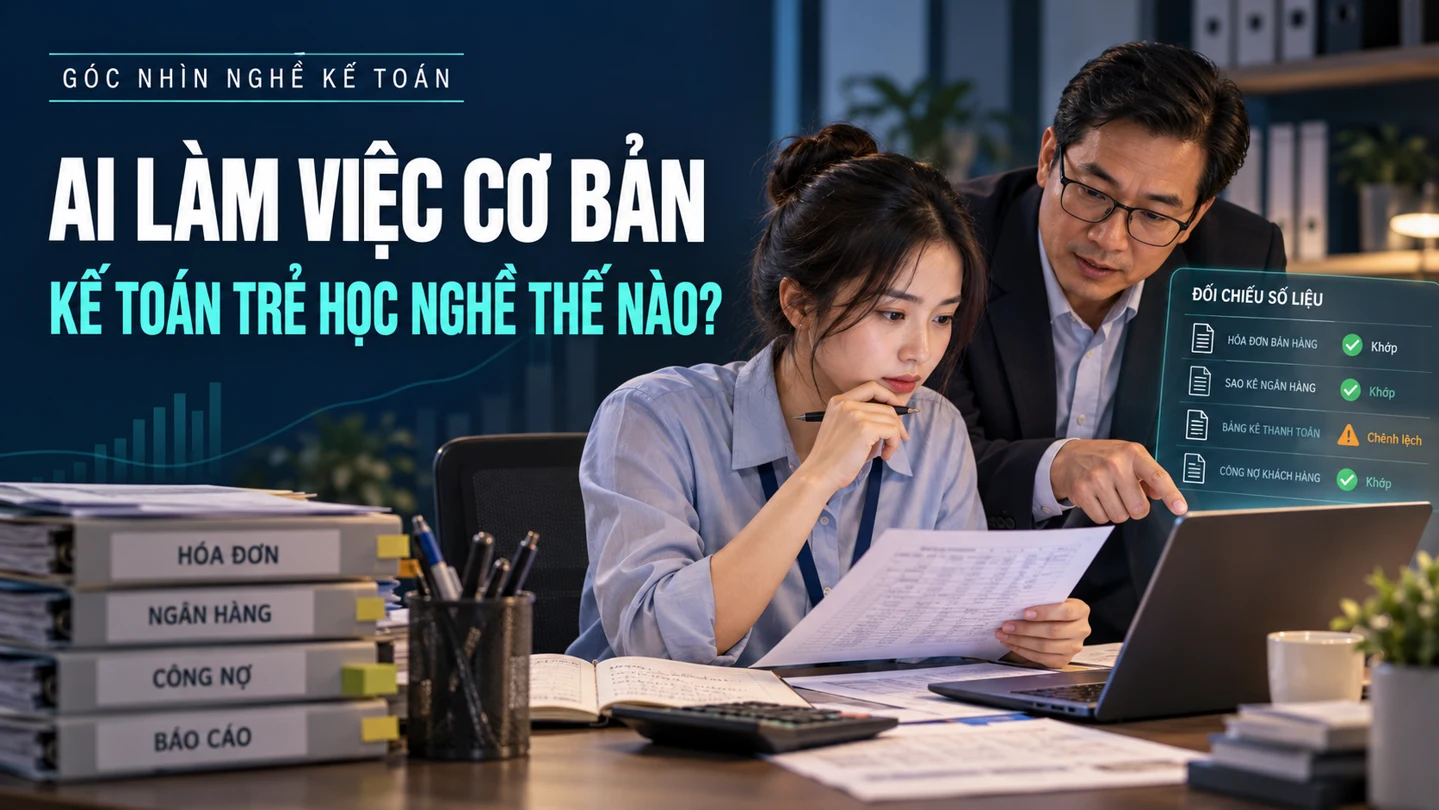 Kế toán viên trẻ cùng người hướng dẫn kiểm tra chênh lệch số liệu với hỗ trợ của AI