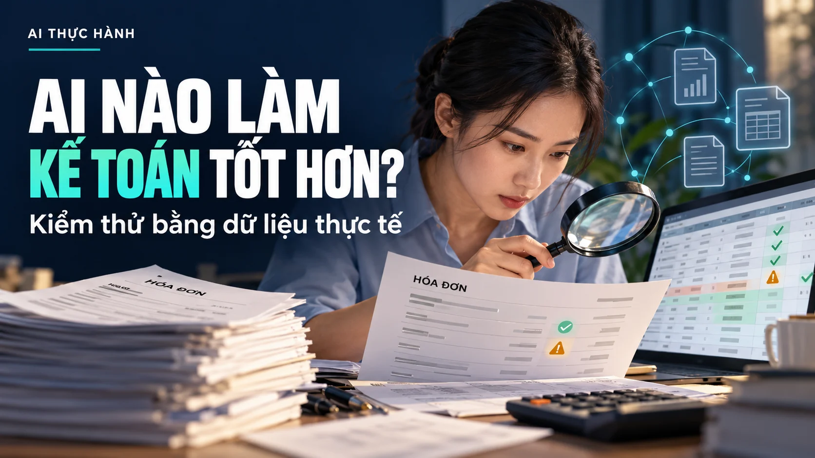 Kế toán kiểm tra hóa đơn và bảng dữ liệu để đánh giá độ tin cậy của AI.