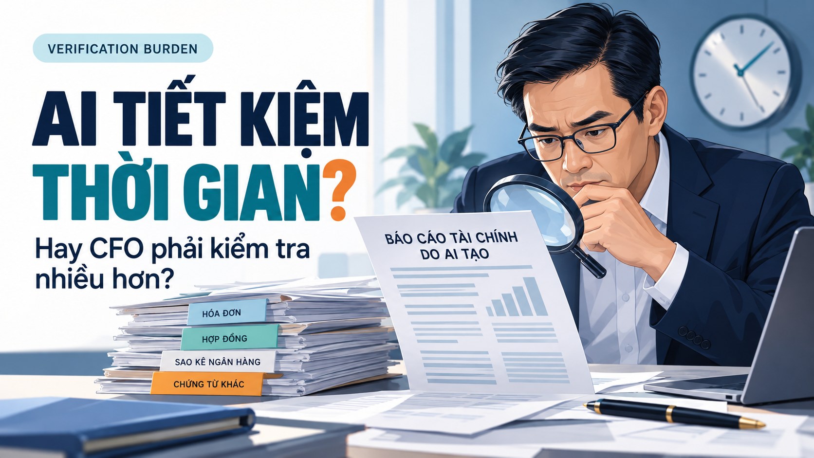CFO kiểm chứng báo cáo tài chính do AI tạo ra, minh họa gánh nặng kiểm tra kết quả AI.